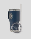Navy YETI 25oz straw mug with lid removed to the side and wide straw visible, stainless steel base.