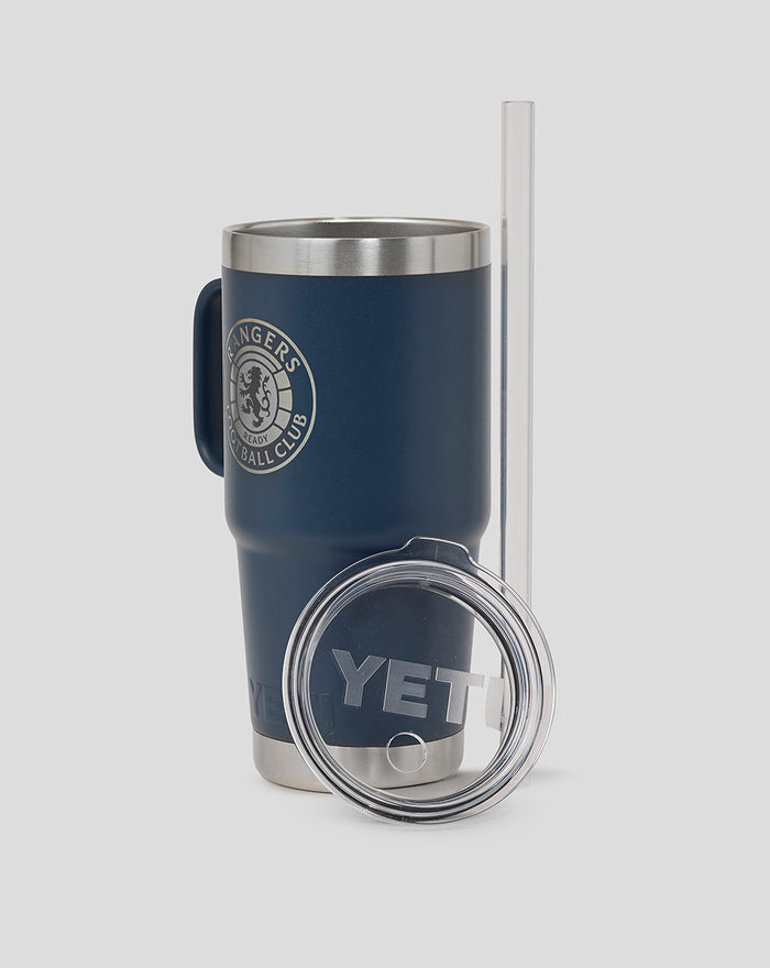Navy YETI 25oz straw mug with lid removed to the side and wide straw visible, stainless steel base.
