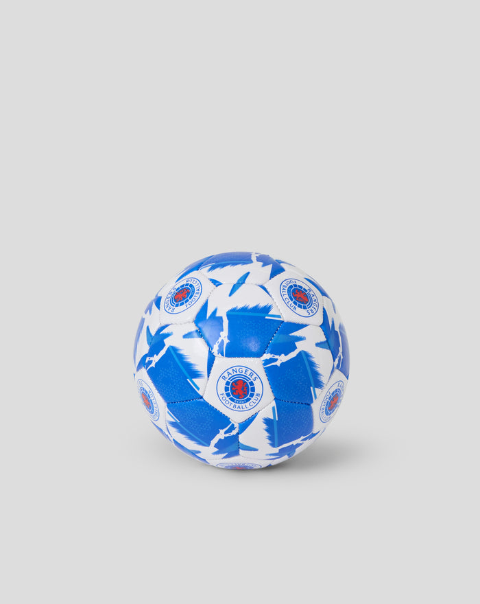 Rangers mini size 1 football shown from a lower angle with blue white panels and crest