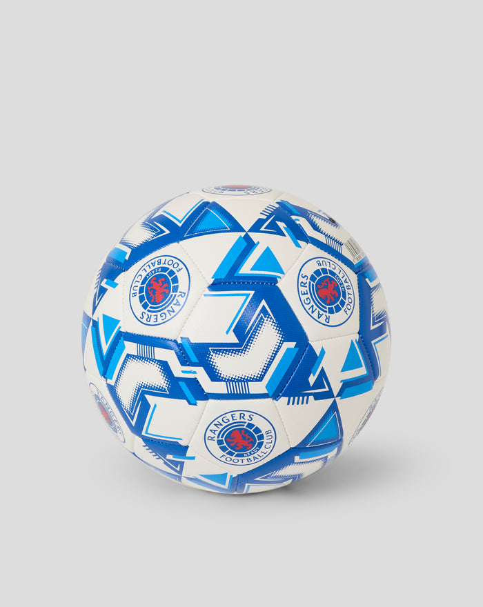 Rangers Technic size 5 football with blue geometric panels on white surface and club crest