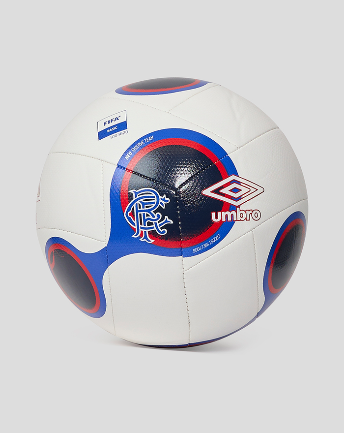 White football with blue and red circular designs featuring the Umbro logo and Rangers crest