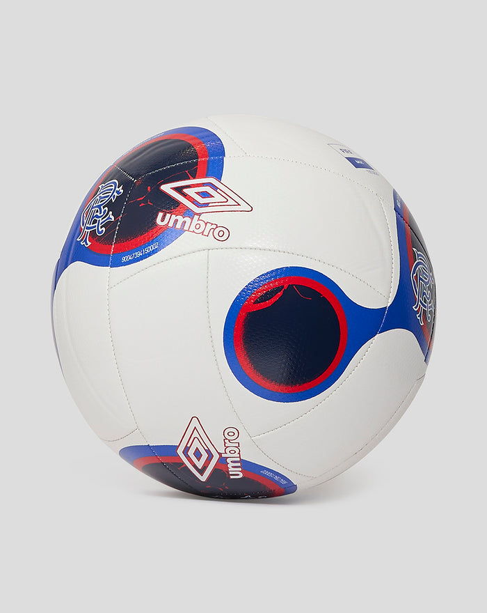 Angled view of a white football with blue and red graphics and Umbro branding