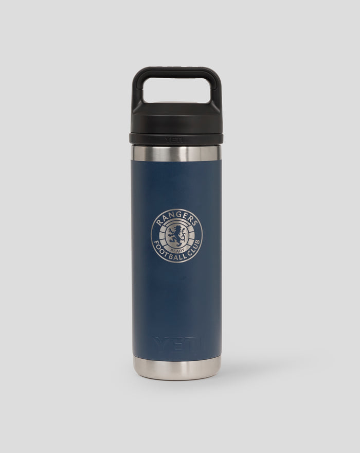 YETI 18 oz Chug Bottle navy with black hinged lid and metal neck band