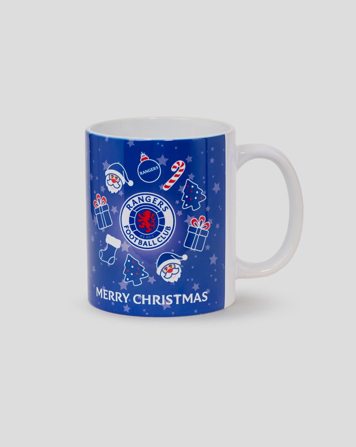 Blue Rangers Christmas mug featuring the club crest and festive icons.