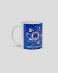 Close up of the blue Rangers Christmas mug showing seasonal decorations and handle.