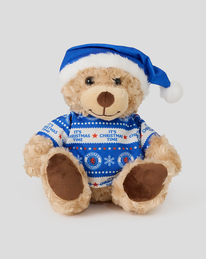 Rangers Charlie Xmas Bear 2025 plush wearing a blue Santa hat and festive blue sweater.