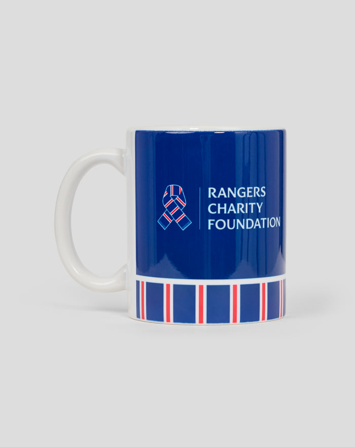 Side view of a blue Rangers charity mug displaying the Rangers Charity Foundation logo