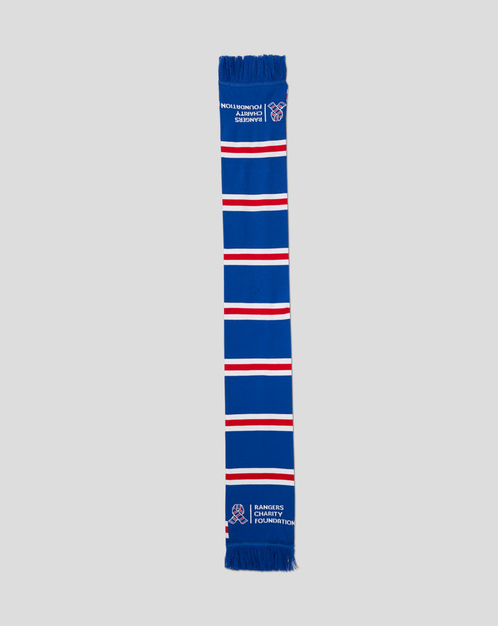 Blue Rangers Charity Foundation scarf with white and red stripes and logo