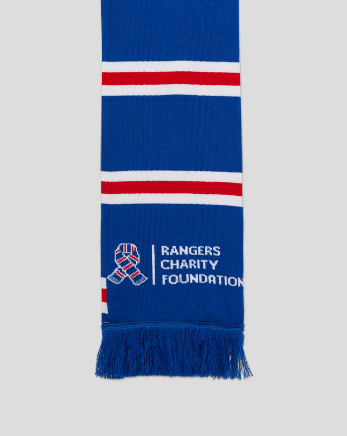 Blue Rangers Charity Foundation scarf with white logo and fringe at the end