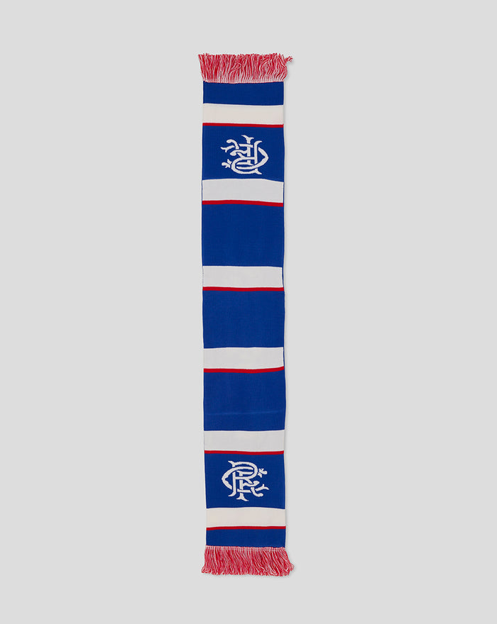 Rangers home scarf in blue white red stripes with club crest and fringed ends