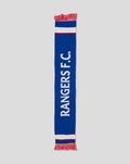 Rangers F.C. home scarf in royal blue with white lettering and red white stripe accents at the edges and fringed ends