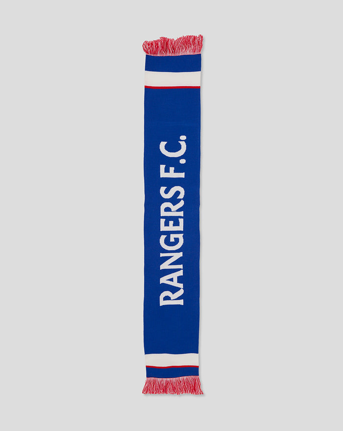 Rangers F.C. home scarf in royal blue with white lettering and red white stripe accents at the edges and fringed ends