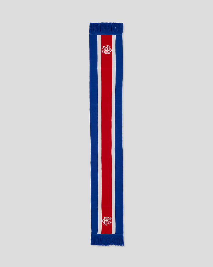 Rangers away scarf in blue with a red central stripe white side stripes and club crests at ends