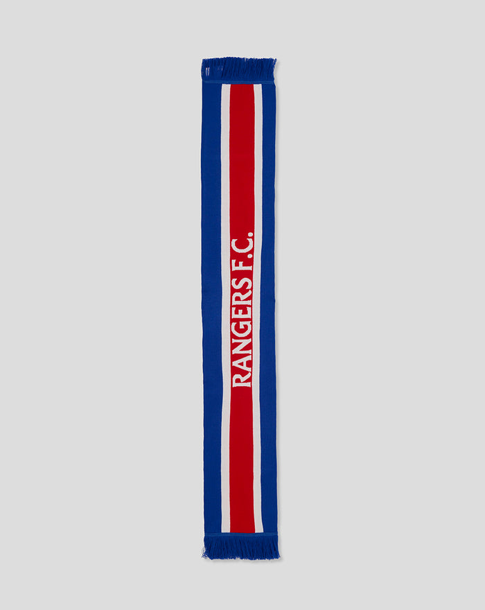 Rangers away scarf in blue with red white central stripe and RANGERS FC lettering
