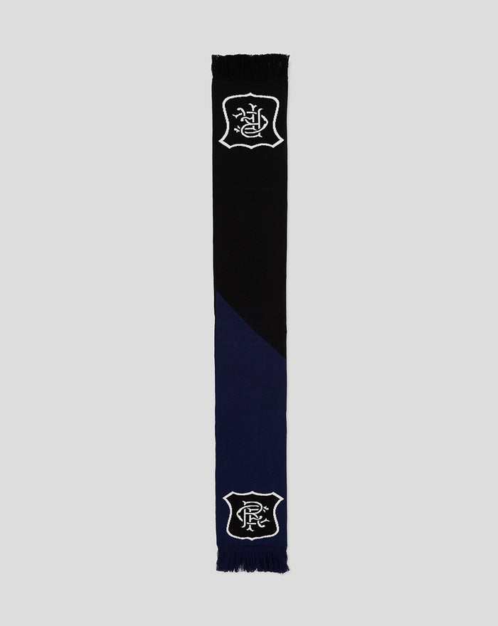 Rangers F.C. scarf in black with white club crest at the top and bottom and a blue diagonal section