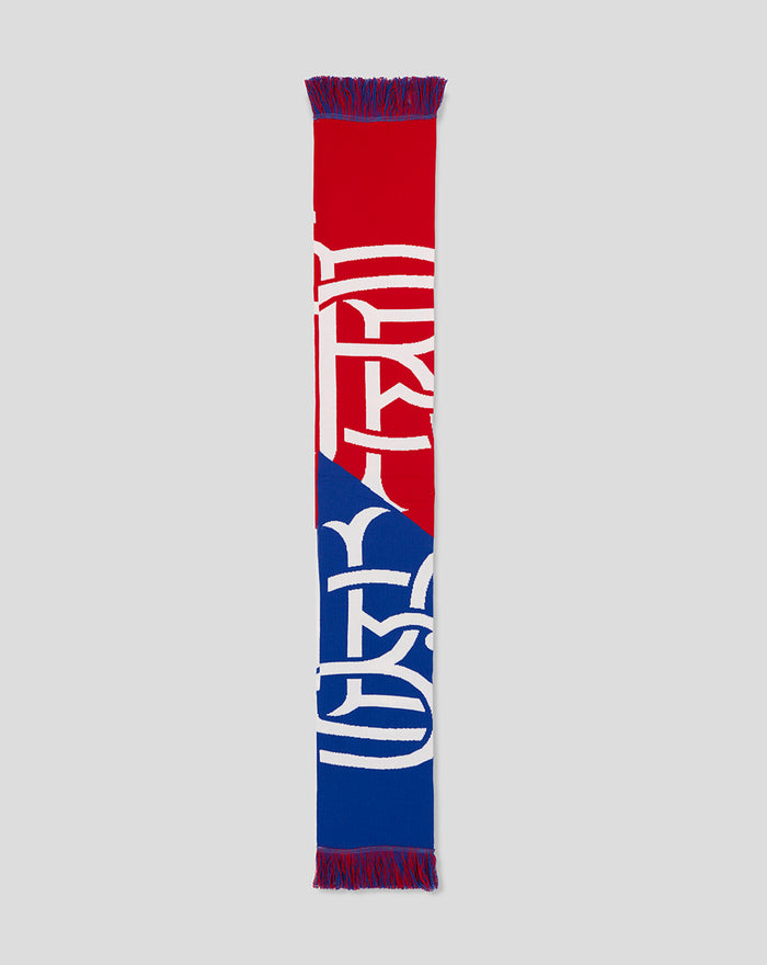 Rangers retro logos scarf with bold white lettering on red and blue panels