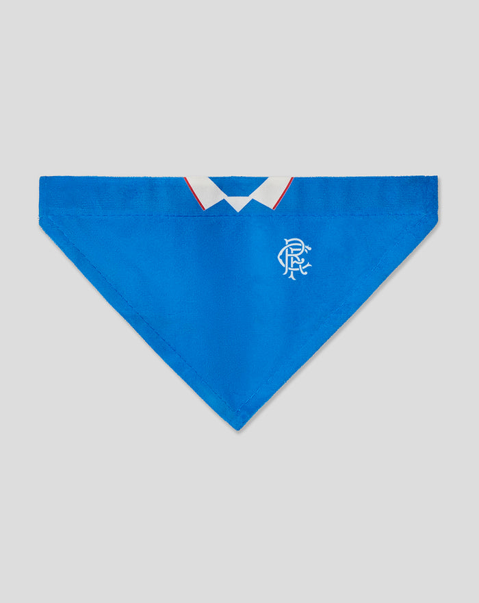 Blue triangular pet bandana with white crest logo and black adjustable strap.