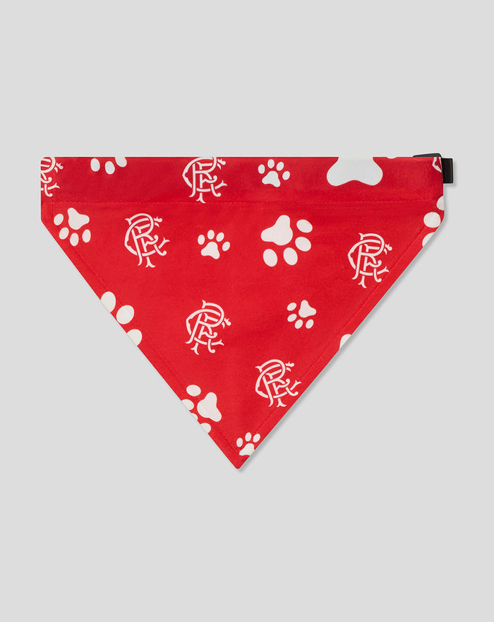 Red pet bandana with white paw prints and Rangers monogram pattern