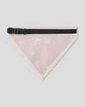 Light pink pet bandana with white paw prints and logos, featuring a black adjustable strap
