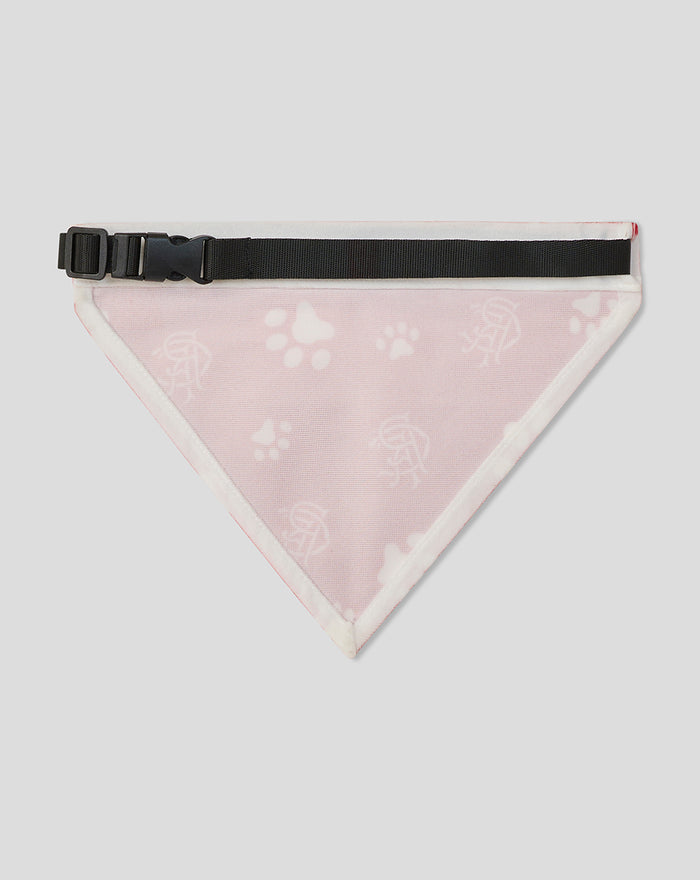 Light pink pet bandana with white paw prints and logos, featuring a black adjustable strap