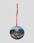 Round Christmas bauble with a stadium scene Rangers crest and Merry Christmas text attached to a red ribbon.