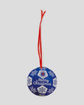 Blue Christmas bauble with snowflake pattern and Rangers crest Merry Christmas text hanging on a red ribbon