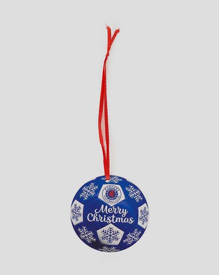 Blue Christmas bauble with snowflake pattern and Rangers crest Merry Christmas text hanging on a red ribbon