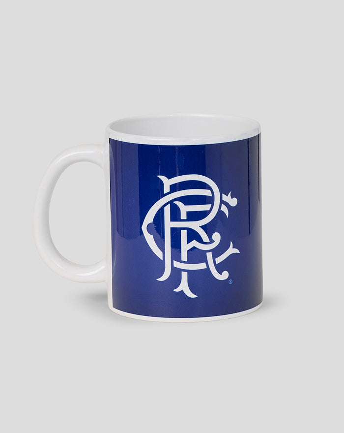 Rangers FC mug featuring a blue gradient background and white club monogram logo