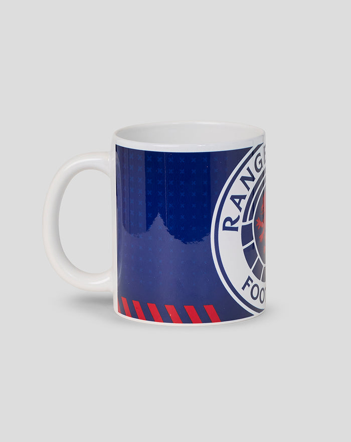 Angled view of Rangers FC large crest mug with navy blue background and partial crest visible