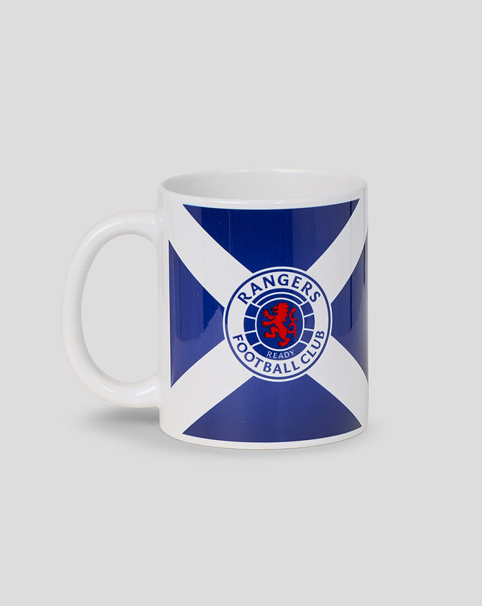 White Rangers FC saltire mug shown from side with circular crest on the front.