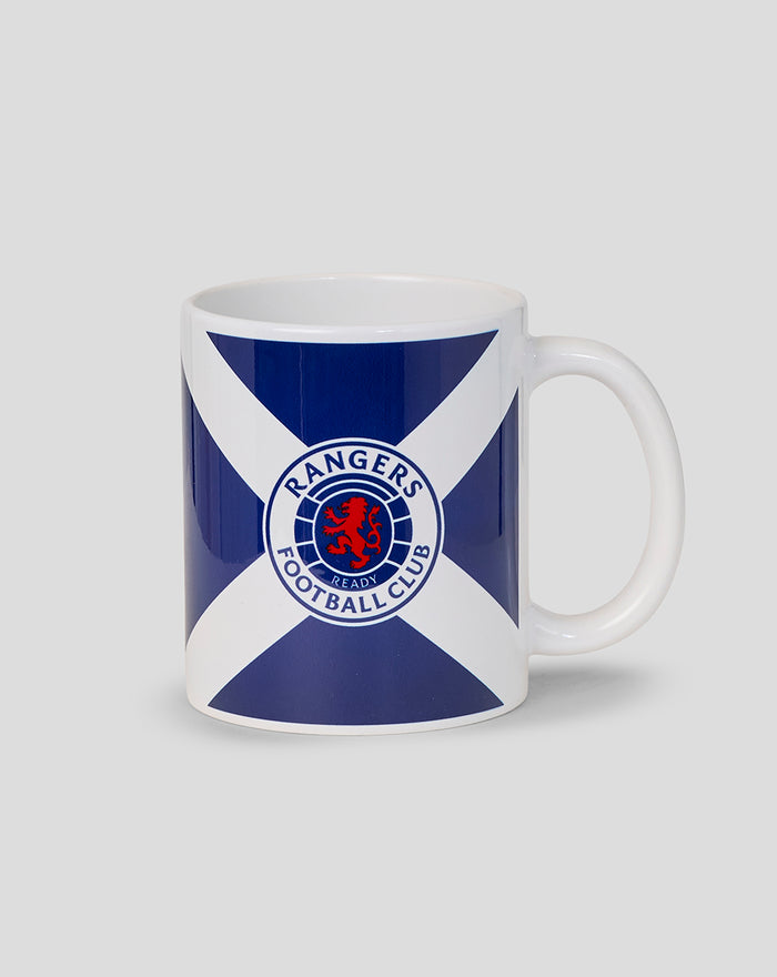 White Rangers FC saltire mug with blue diagonal cross and club crest at the center.