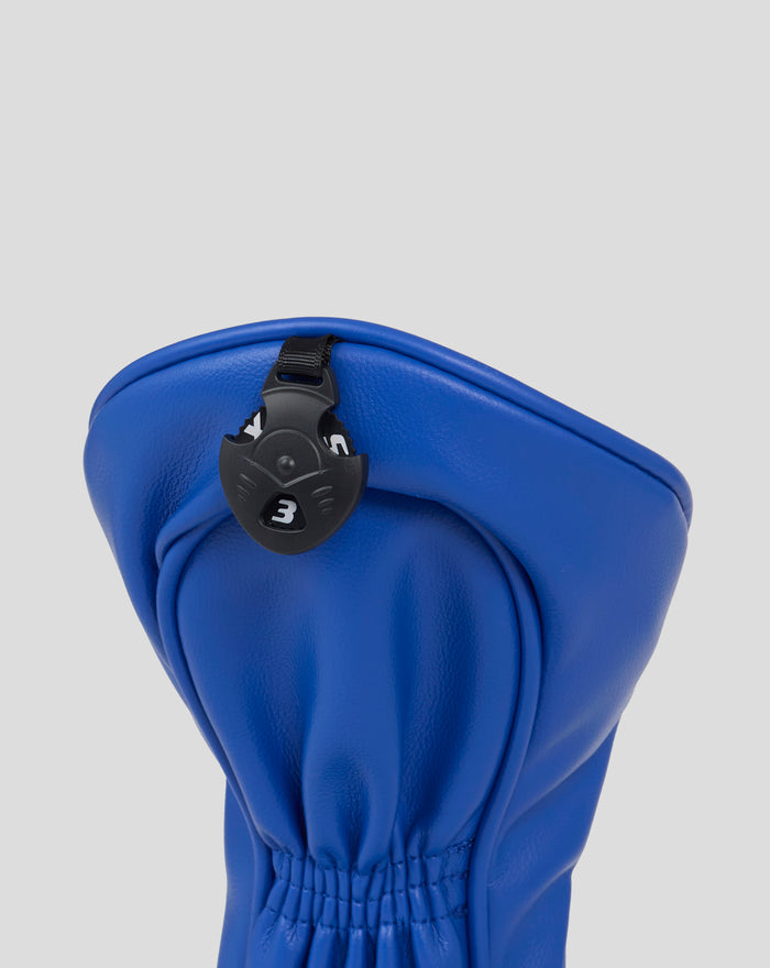 Back view of blue Rangers fairway head cover showing a black adjustable closure dial labeled 3