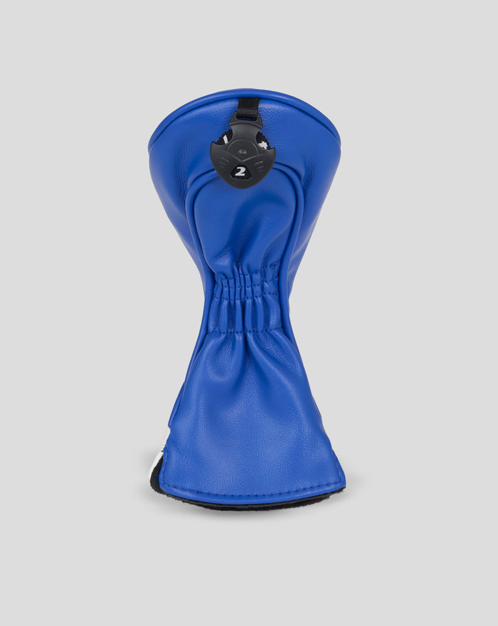 Blue Rangers FC hybrid golf head cover with a black locking mechanism on top
