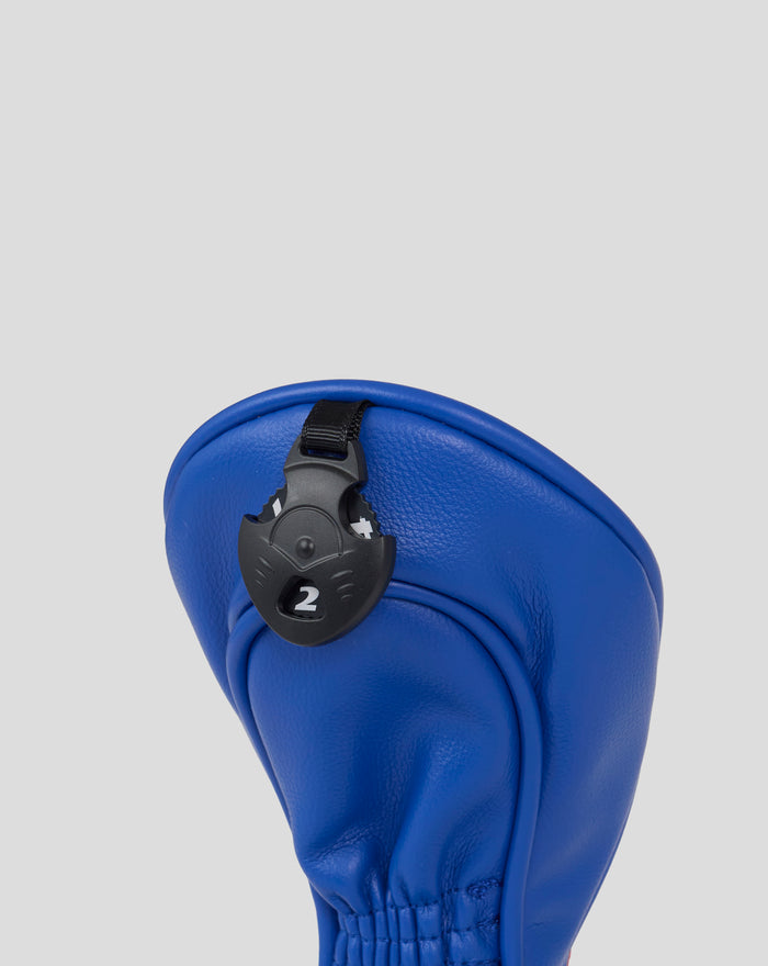 Blue Rangers CADDI 2.0 hybrid head cover close up showing adjustable strap and numbered dial