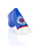 Close up of blue Rangers blade putter head cover showing leather texture and visible crest