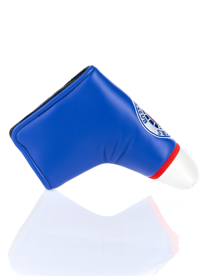 Side view of blue Rangers blade putter head cover with crest and red trim