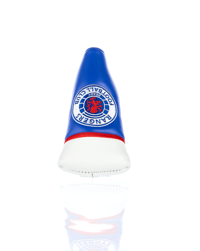 Top view of a blue Rangers blade putter head cover with the crest visible toward the bottom edge