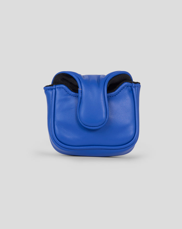 Rear view of blue Rangers mallet head cover showing two curved sections and black plush interior