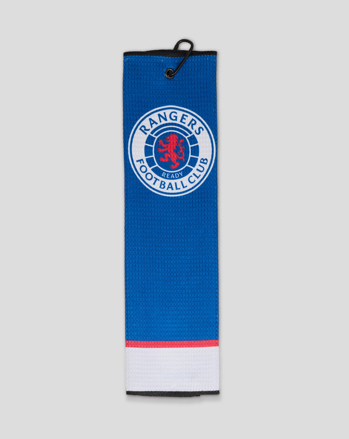 Blue Rangers Lumi 2.0 tri-fold towel with Rangers crest and attached carabiner