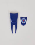 Blue plastic Rangers mission alignment tool with two forked prongs and a circular button, shown beside a blue shield with the Rangers crest