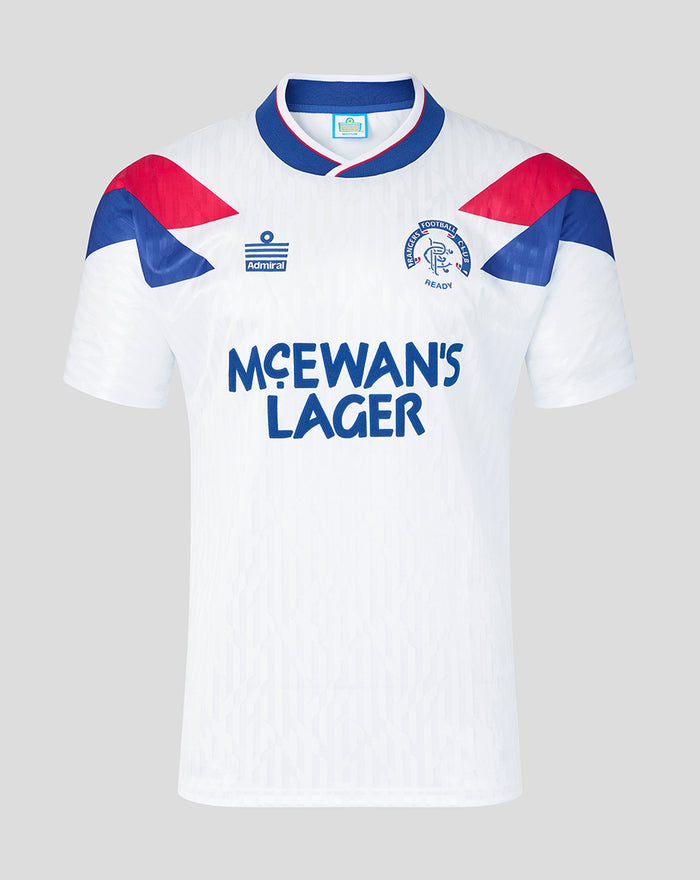 Unisex retro 1990-92 away Rangers shirt in white with blue crest and McEwan's Lager sponsor