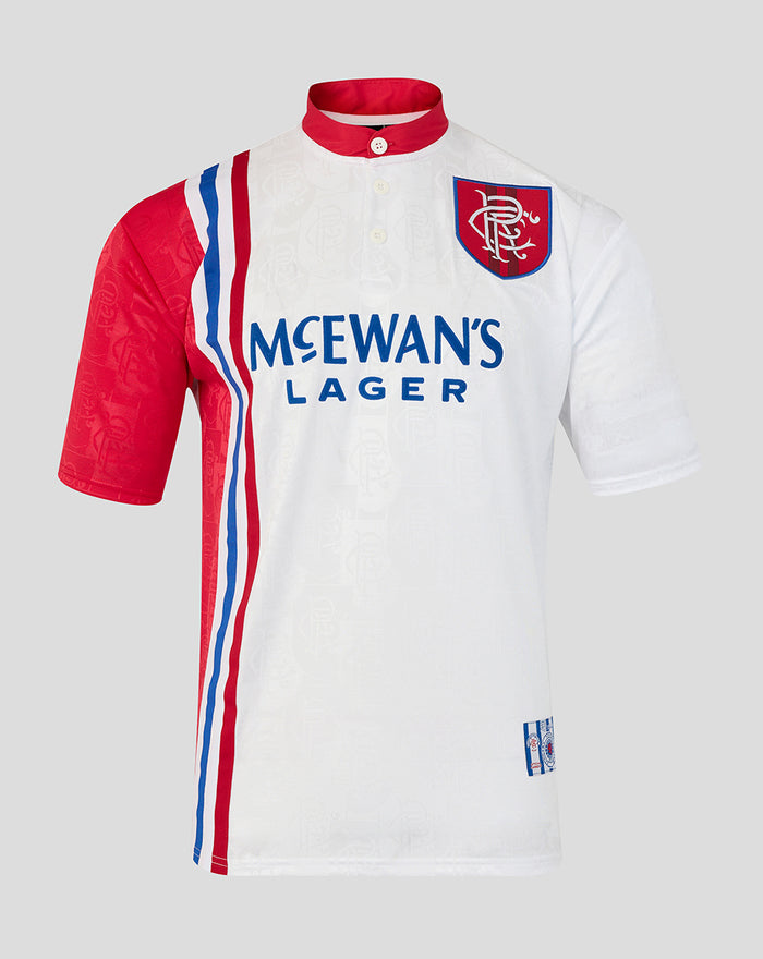 Rangers 1996-97 away replica shirt front with white body red sleeves and collar blue stripes club crest and McEwan's Lager sponsor.