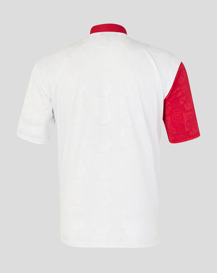 Back view of white Rangers away shirt with a red right sleeve and red collar