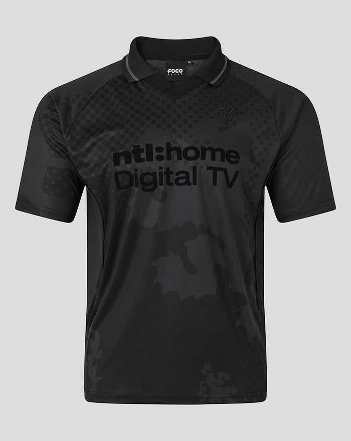Front view of black camouflage football shirt with ntl home Digital TV sponsor.