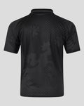 Back view of black blackout shirt with a polo collar and subtle textured pattern
