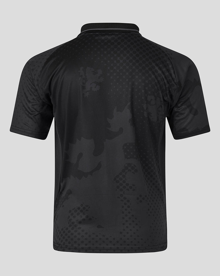Back view of black blackout shirt with a polo collar and subtle textured pattern