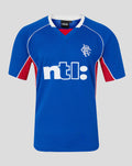 Front view of blue Rangers 2001-02 home shirt with white piping and ntl logo across the chest.