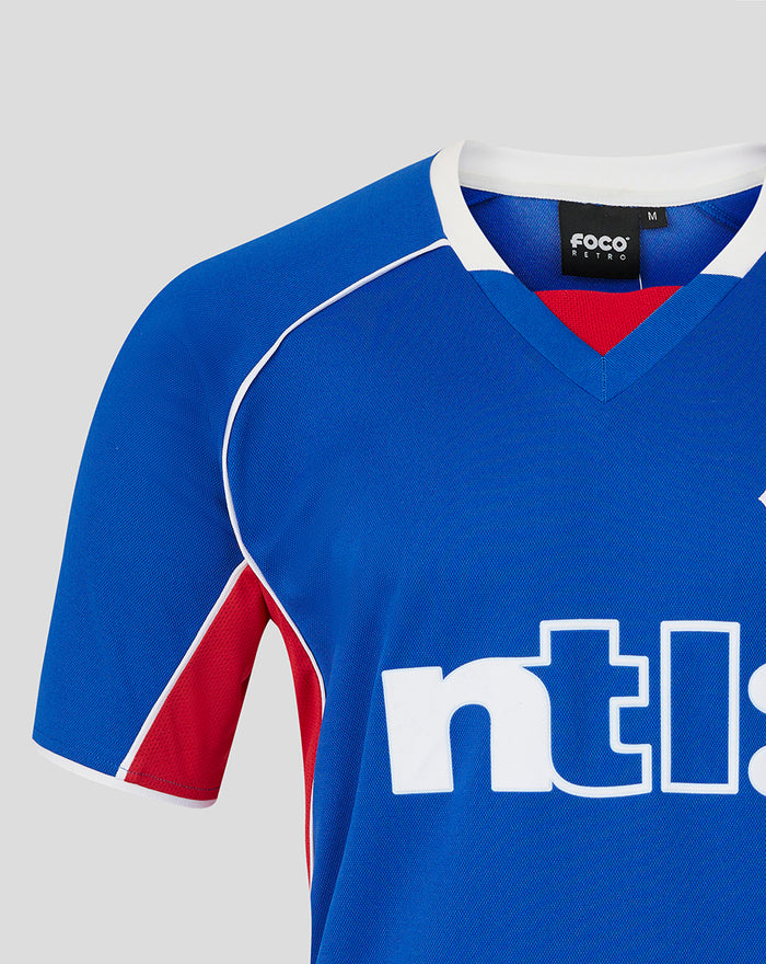 Close-up of blue Rangers 2001-02 home shirt neckline with white trim and club crest.