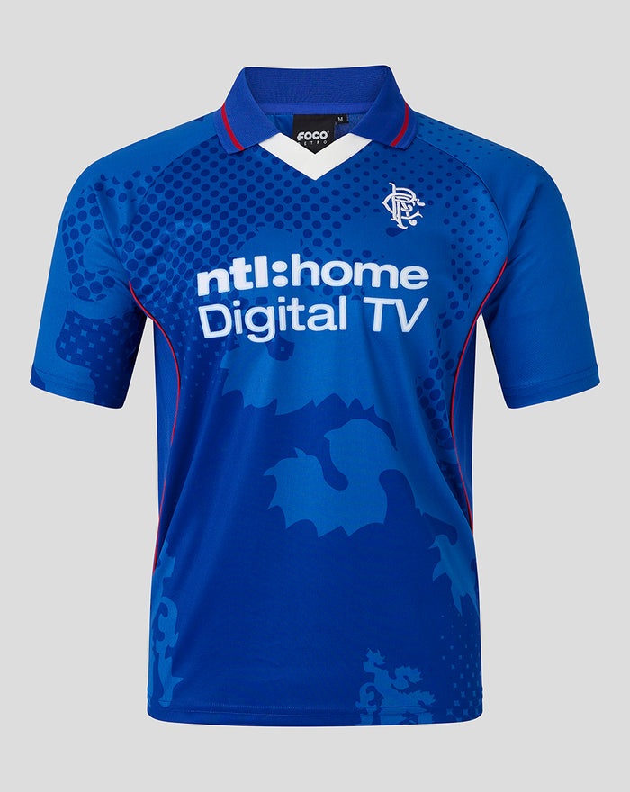 Unisex retro 2002 03 home shirt in blue with ntl home Digital TV sponsor and club crest on the chest