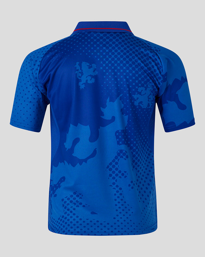 Back view of a blue unisex retro 2002-03 home shirt with a dotted gradient pattern and red trim at the neck.